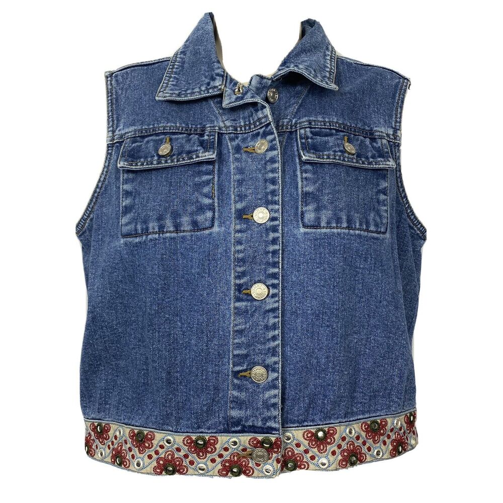 Tommy Hilfiger Denim Vest Jacket Womens Large Trucker Embroidered Boho Vtg Y2K